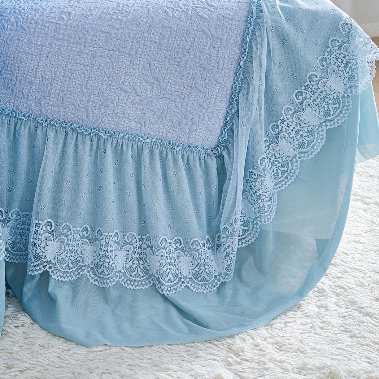 91家纺网 家纺一手货源 找家纺 梵克保罗 2026新款A类凉感豆豆席床裙款凉席席子-唯美 床裙款-唯美蓝色