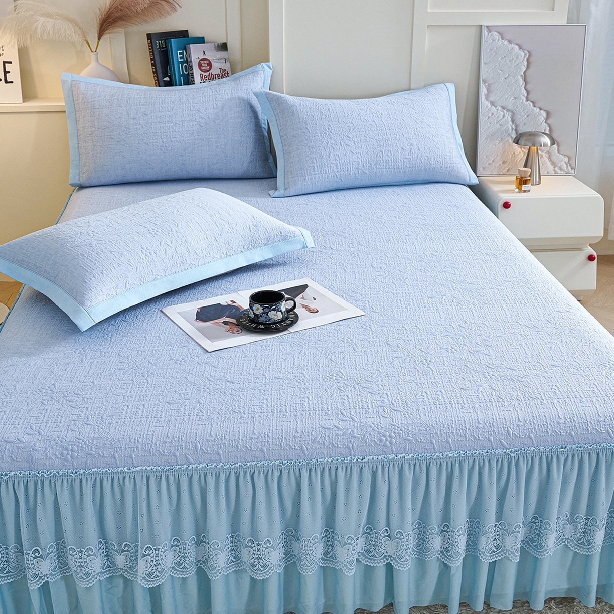 91家纺网 家纺一手货源 找家纺 梵克保罗 2026新款A类凉感豆豆席床裙款凉席席子-唯美 床裙款-唯美蓝色