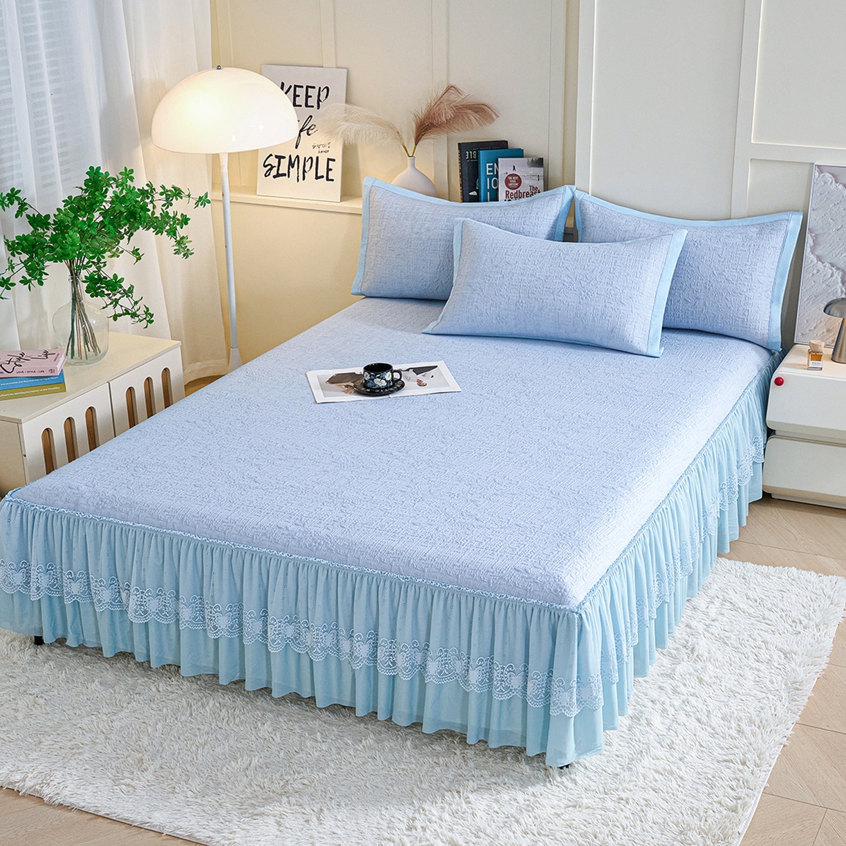 91家纺网 家纺一手货源 找家纺 梵克保罗 2026新款A类凉感豆豆席床裙款凉席席子-唯美 床裙款-唯美蓝色