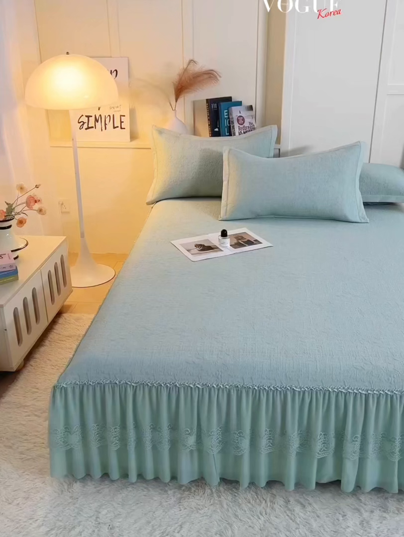 91家纺网 家纺一手货源 找家纺 梵克保罗 2026新款A类凉感豆豆席床裙款凉席席子-唯美 床裙款-唯美绿色