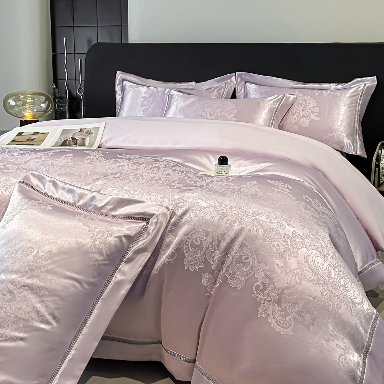 博纳家纺 2026春夏新款轻奢高端色织定位提花拼角镂空款款四件套-沁园花语 沁园花语-浅紫