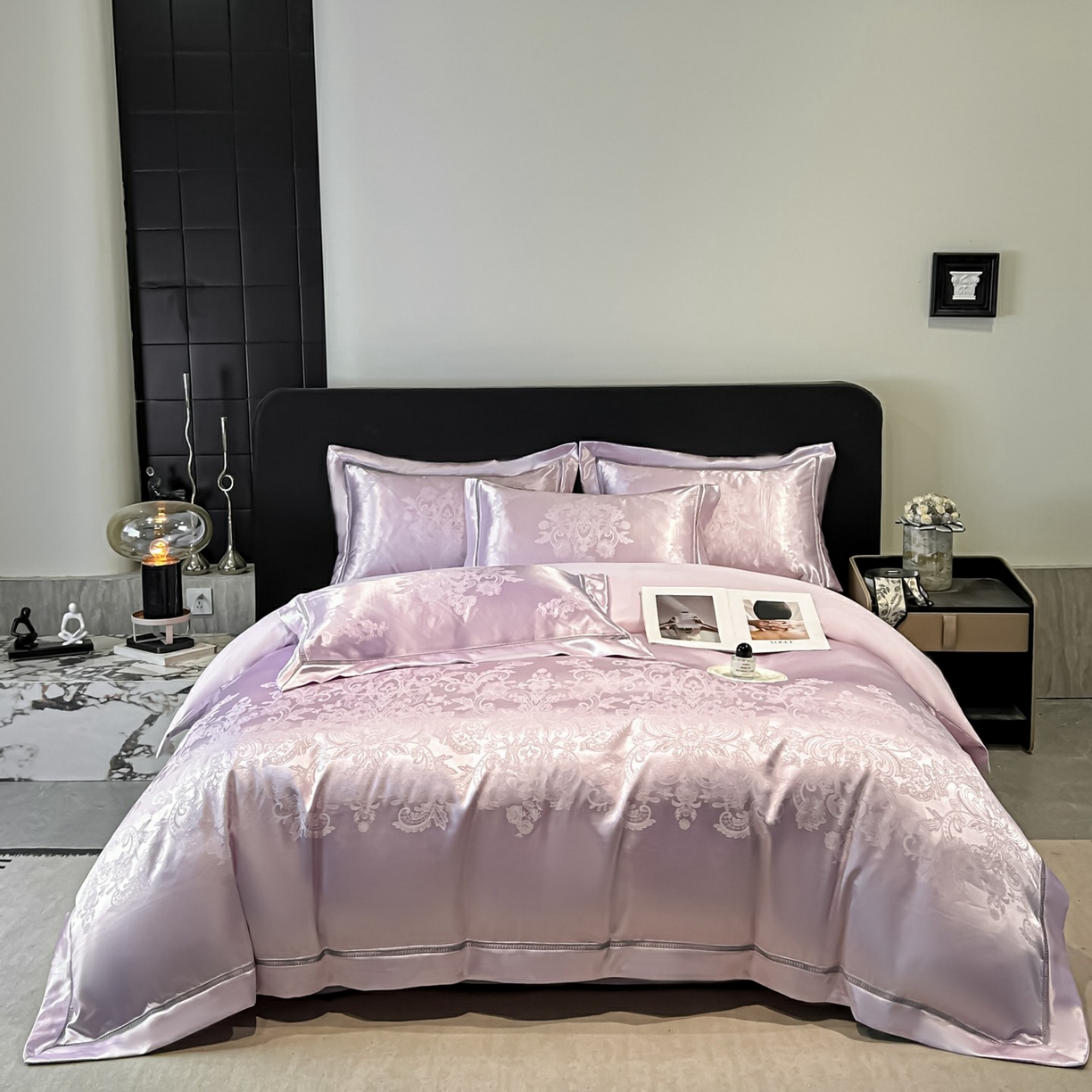 91家纺网 家纺一手货源 找家纺 博纳家纺 2026春夏新款轻奢高端色织定位提花拼角镂空款款四件套-沁园花语 沁园花语-浅紫