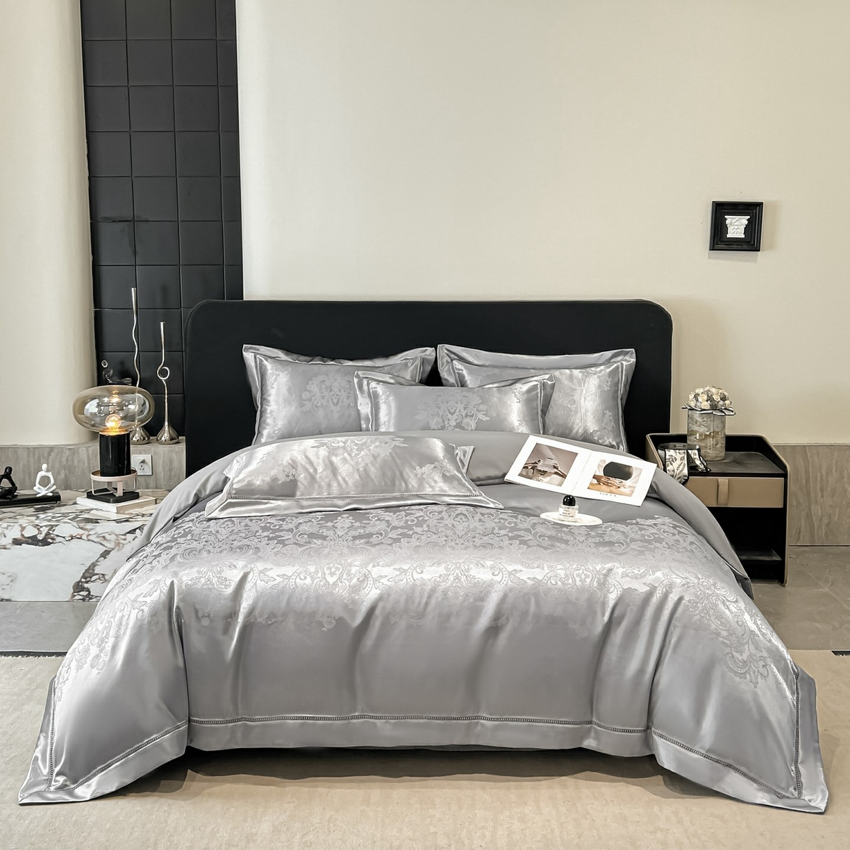 91家纺网 家纺一手货源 找家纺 博纳家纺 2026春夏新款轻奢高端色织定位提花拼角镂空款款四件套-沁园花语 沁园花语-绅士灰