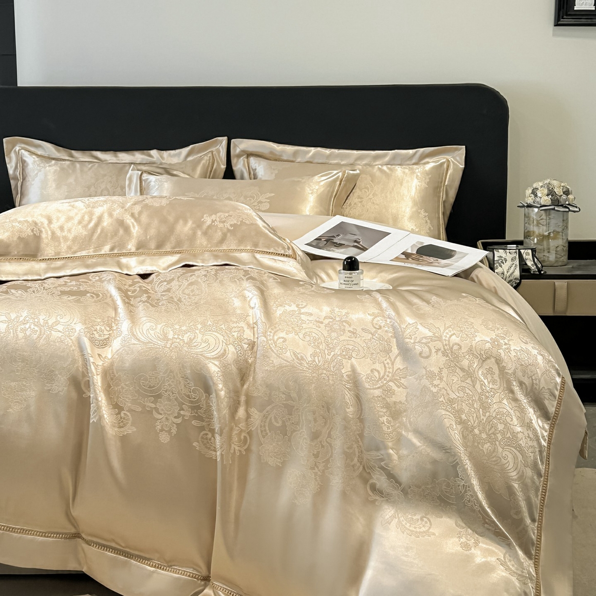 91家纺网 家纺一手货源 找家纺 博纳家纺 2026春夏新款轻奢高端色织定位提花拼角镂空款款四件套-沁园花语 沁园花语-香槟