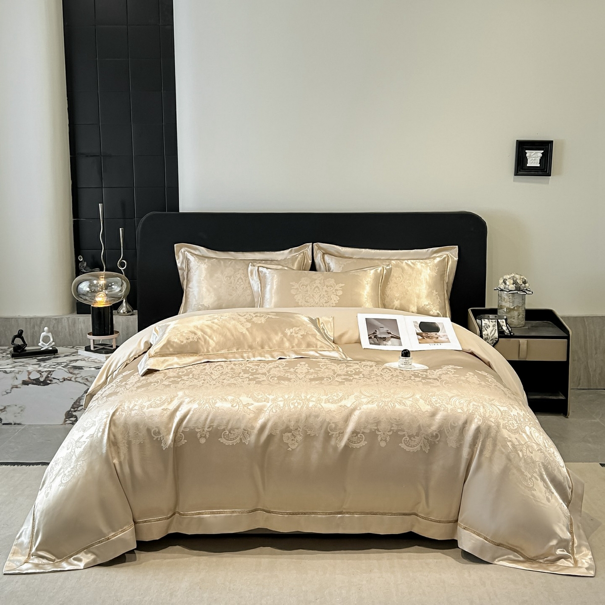 91家纺网 家纺一手货源 找家纺 博纳家纺 2026春夏新款轻奢高端色织定位提花拼角镂空款款四件套-沁园花语 沁园花语-香槟