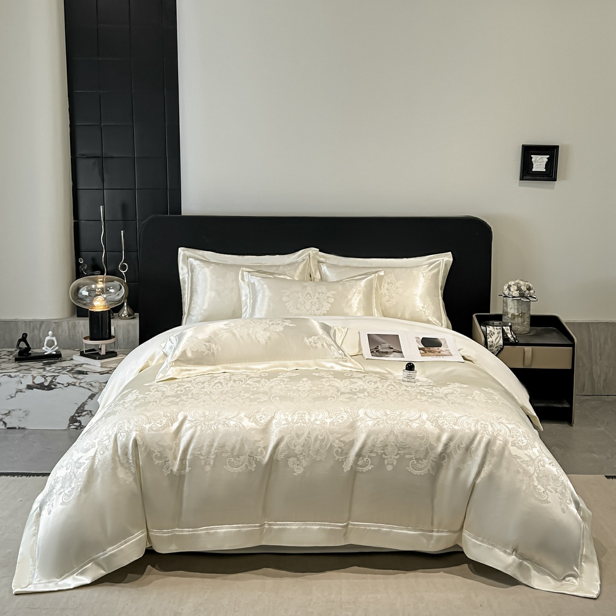 91家纺网 家纺一手货源 找家纺 博纳家纺 2026春夏新款轻奢高端色织定位提花拼角镂空款款四件套-沁园花语 沁园花语-象牙白