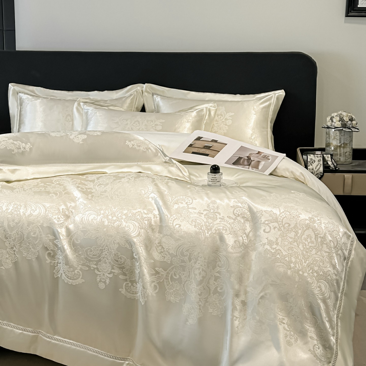 91家纺网 家纺一手货源 找家纺 博纳家纺 2026春夏新款轻奢高端色织定位提花拼角镂空款款四件套-沁园花语 沁园花语-象牙白