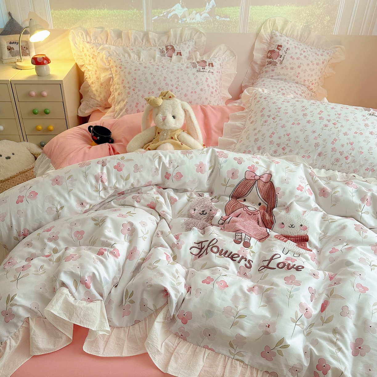 （总）孩子王家纺 2026新款韩式INS减龄小红书仿绣花花边款全棉纯棉卡通四件套