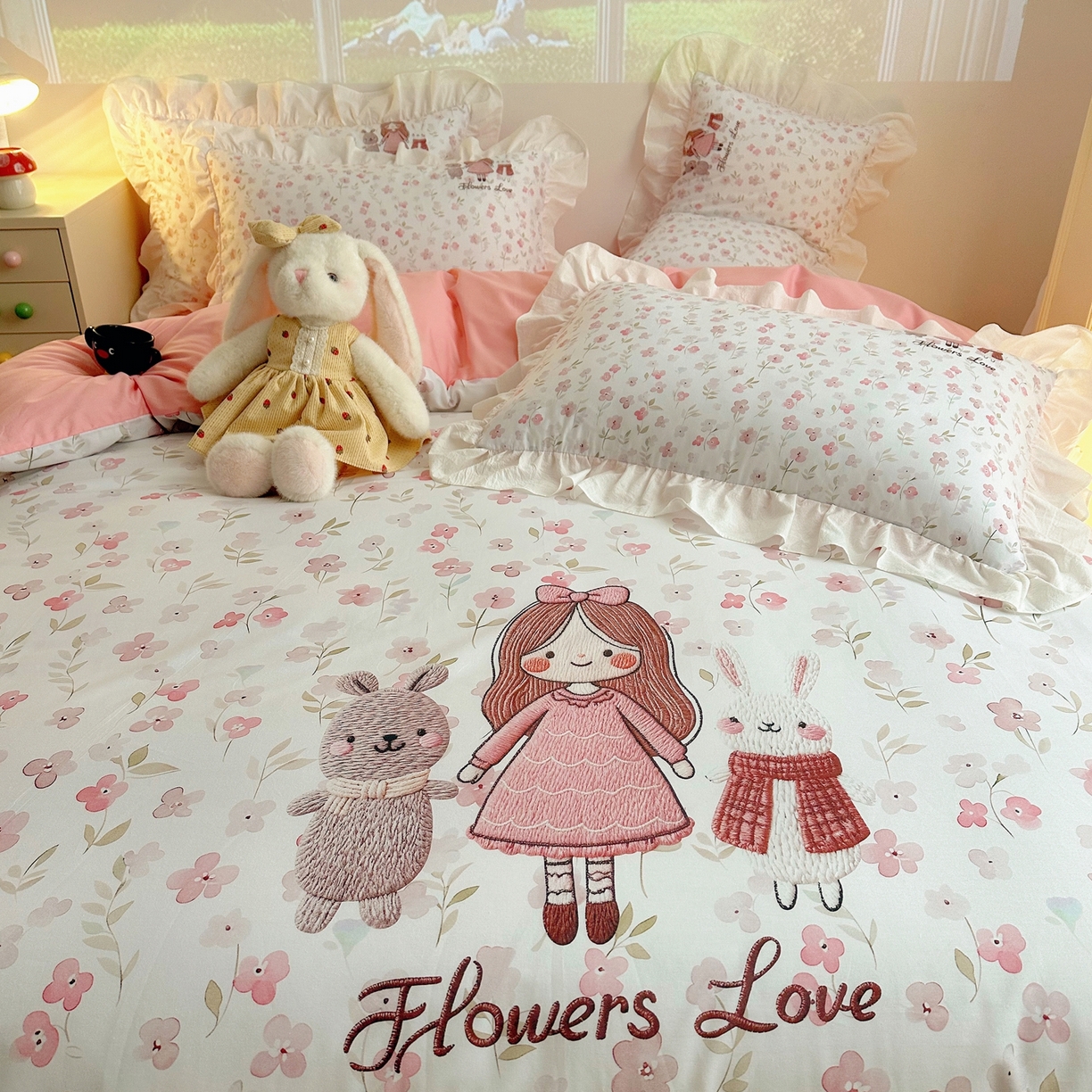 91家纺网 家纺一手货源 找家纺 （总）孩子王家纺 2026新款韩式INS减龄小红书仿绣花花边款全棉纯棉卡通四件套