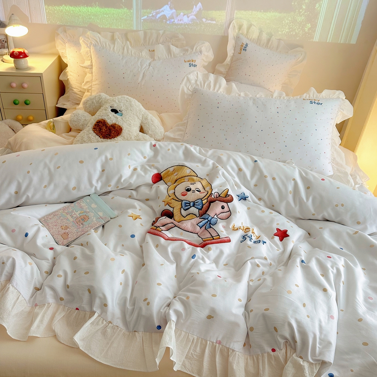 孩子王家纺 2026新款韩式INS减龄小红书仿绣花花边款全棉纯棉卡通四件套 花边木马庄园