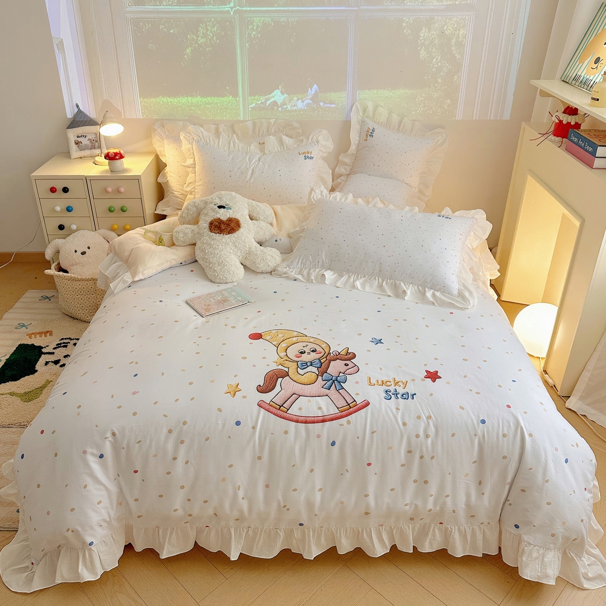 91家纺网 家纺一手货源 找家纺 孩子王家纺 2026新款韩式INS减龄小红书仿绣花花边款全棉纯棉卡通四件套 花边木马庄园