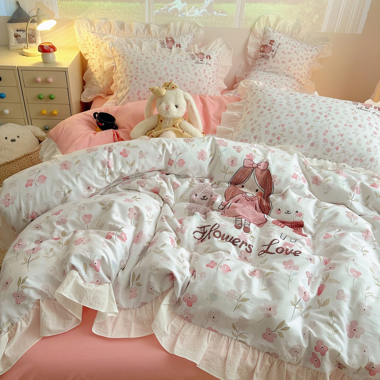 91家纺网 家纺一手货源 找家纺 孩子王家纺 2026新款韩式INS减龄小红书仿绣花花边款全棉纯棉卡通四件套 花漾少女与萌友