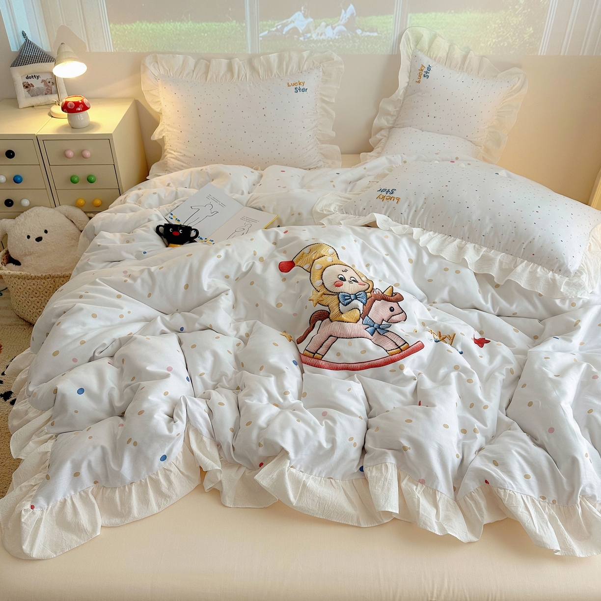 91家纺网 家纺一手货源 找家纺 孩子王家纺 2026新款韩式INS减龄小红书仿绣花花边款全棉纯棉卡通四件套 花边木马庄园