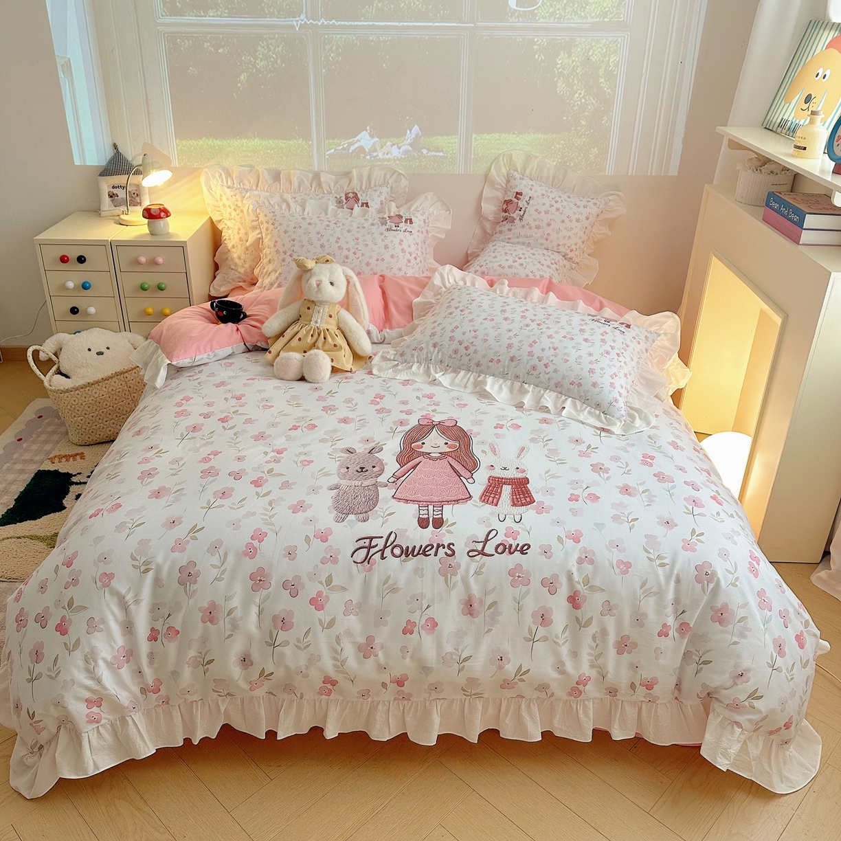 91家纺网 家纺一手货源 找家纺 孩子王家纺 2026新款韩式INS减龄小红书仿绣花花边款全棉纯棉卡通四件套 花漾少女与萌友