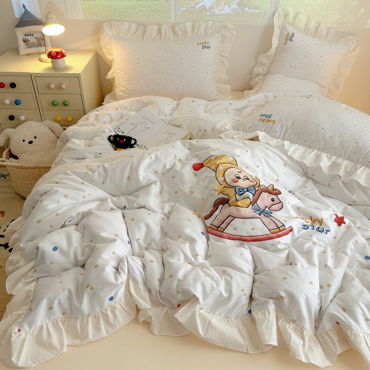 91家纺网 家纺一手货源 找家纺 孩子王家纺 2026新款韩式INS减龄小红书仿绣花花边款全棉纯棉卡通四件套 花边木马庄园