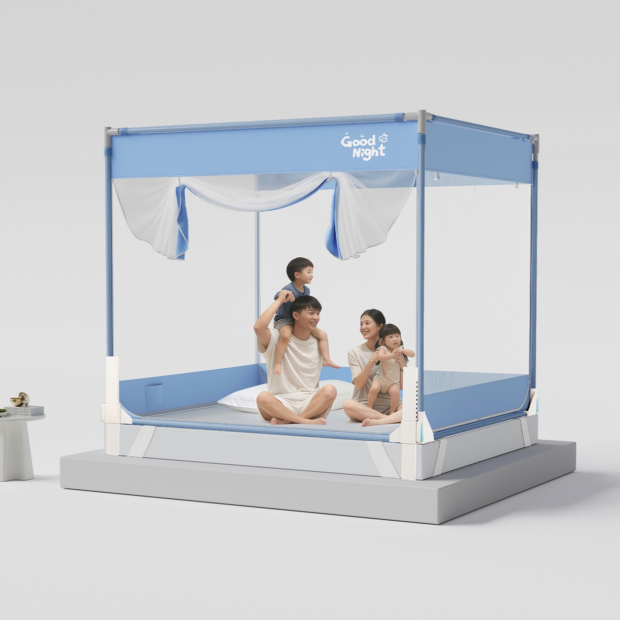 初心家纺 2026新款坐床外穿杆全底防摔蚊帐 蓝-字母