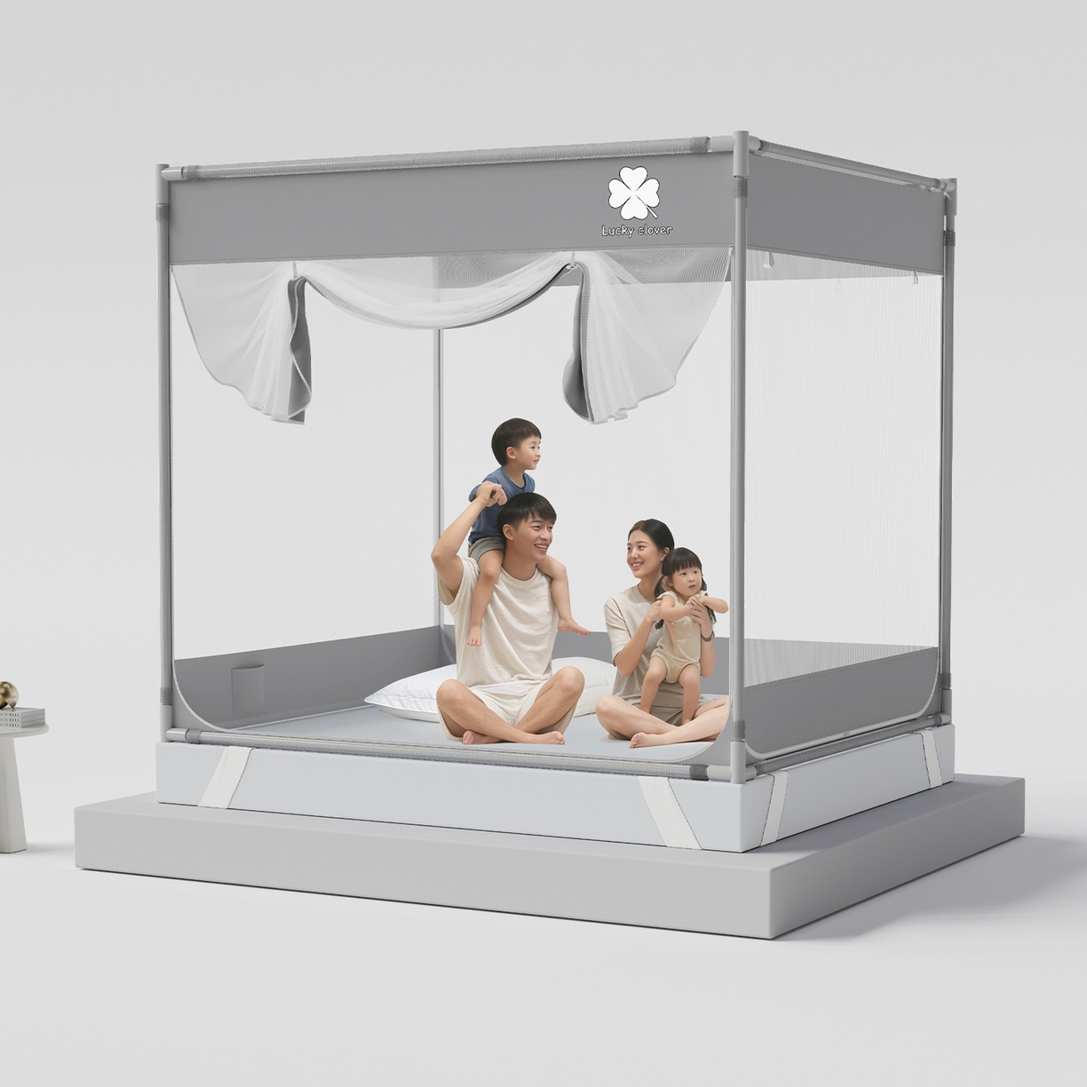 91家纺网 家纺一手货源 找家纺 初心家纺 2026新款坐床外穿杆全底防摔蚊帐 灰-幸运草
