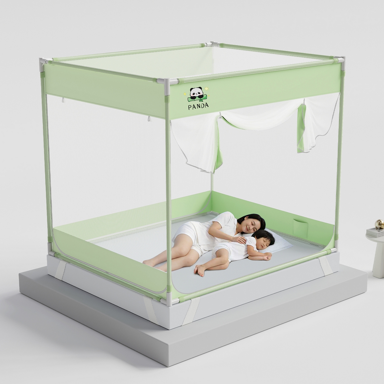 91家纺网 家纺一手货源 找家纺 初心家纺 2026新款坐床外穿杆全底防摔蚊帐 绿-猫熊