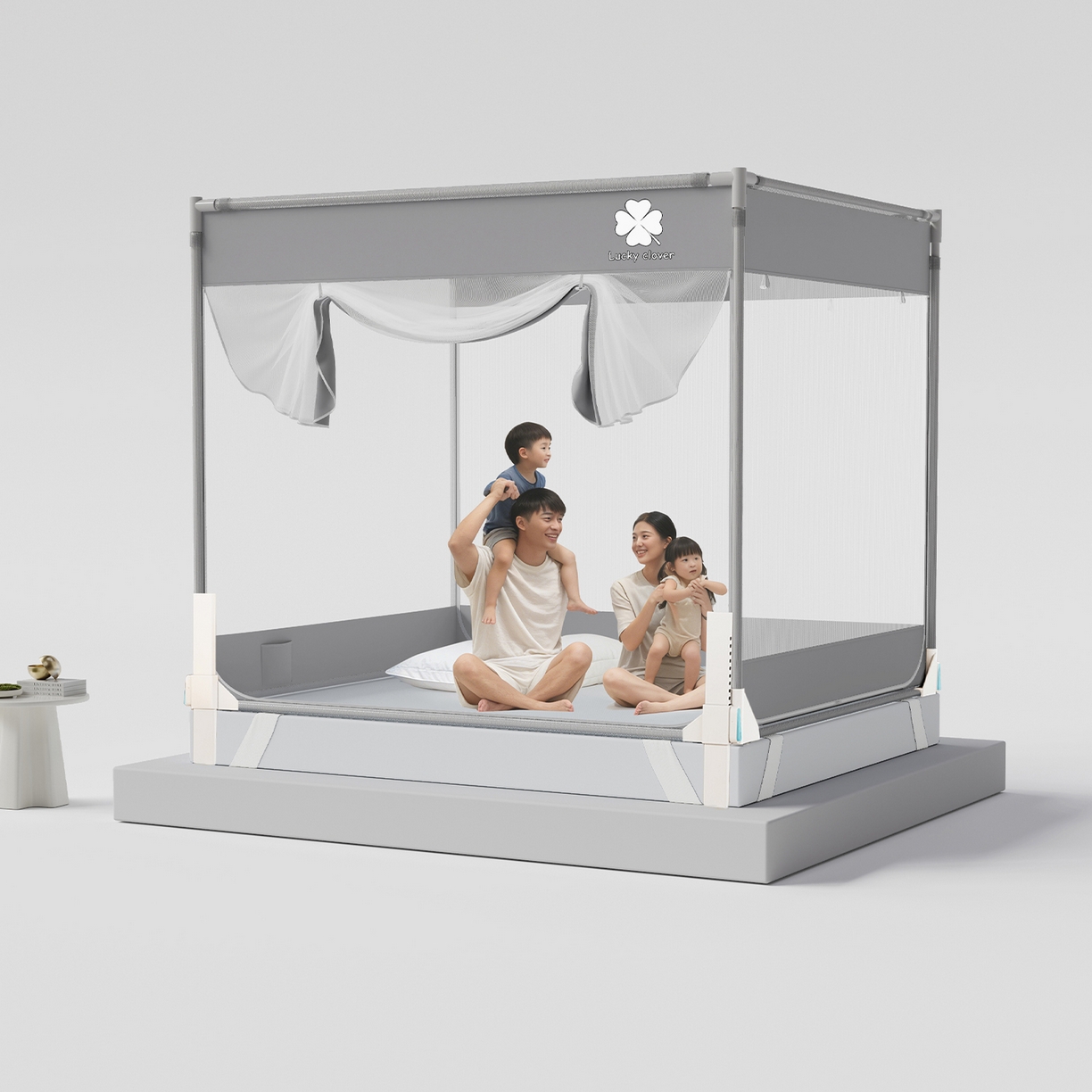 初心家纺 2026新款坐床外穿杆全底防摔蚊帐 灰-幸运草