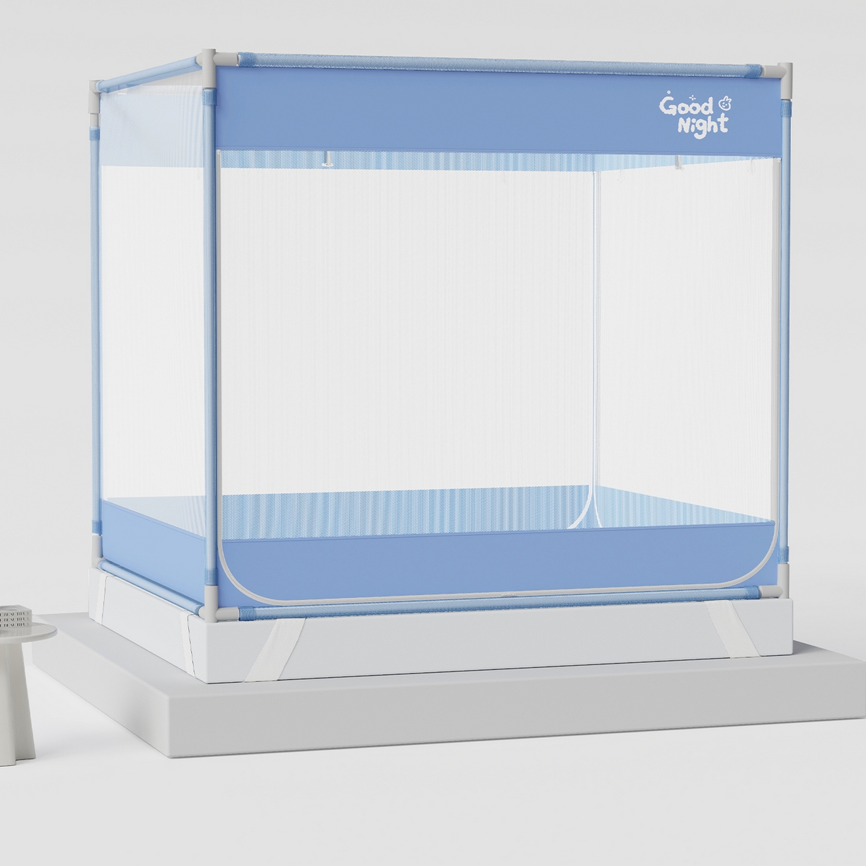 91家纺网 家纺一手货源 找家纺 初心家纺 2026新款坐床外穿杆全底防摔蚊帐 蓝-字母