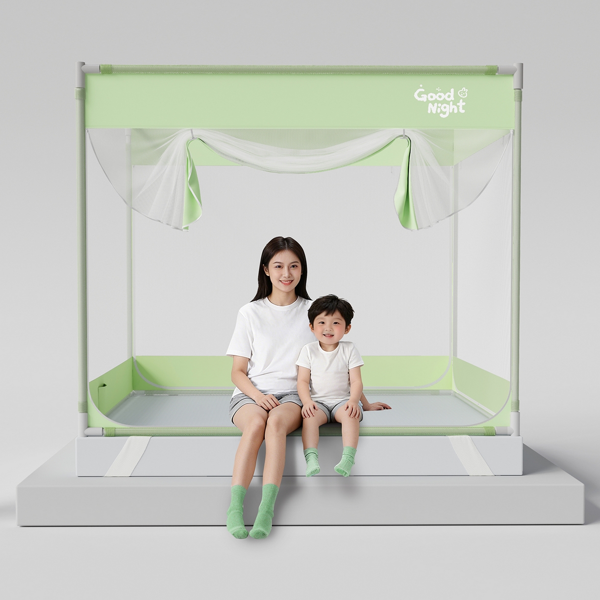 91家纺网 家纺一手货源 找家纺 初心家纺 2026新款坐床外穿杆全底防摔蚊帐 绿-字母