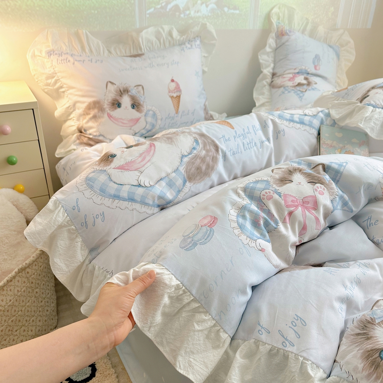 91家纺网 家纺一手货源 找家纺 （总）孩子王家纺 2026新款韩式INS减龄小红书花边款全棉纯棉卡通四件套