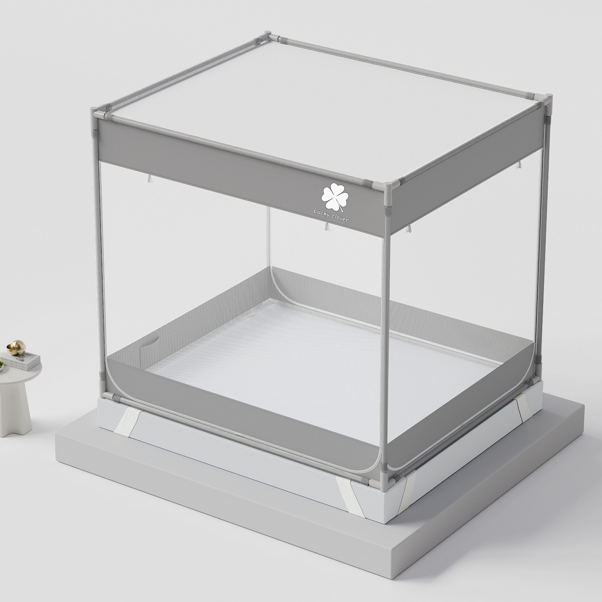 91家纺网 家纺一手货源 找家纺 初心家纺 2026新款坐床外穿杆全底防摔蚊帐 灰-幸运草