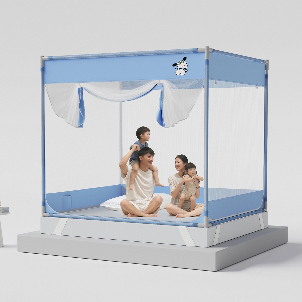 91家纺网 家纺一手货源 找家纺 初心家纺 2026新款坐床外穿杆全底防摔蚊帐 蓝-爱心小狗