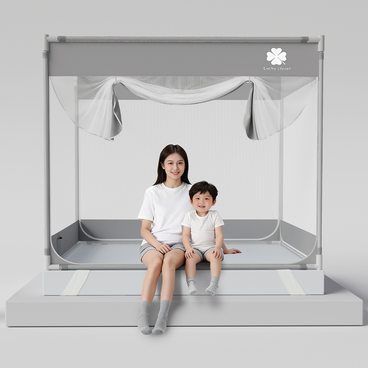 91家纺网 家纺一手货源 找家纺 初心家纺 2026新款坐床外穿杆全底防摔蚊帐 灰-幸运草