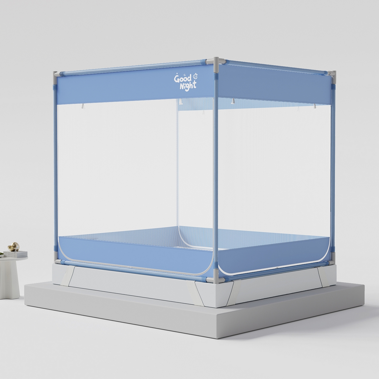 91家纺网 家纺一手货源 找家纺 初心家纺 2026新款坐床外穿杆全底防摔蚊帐 蓝-字母