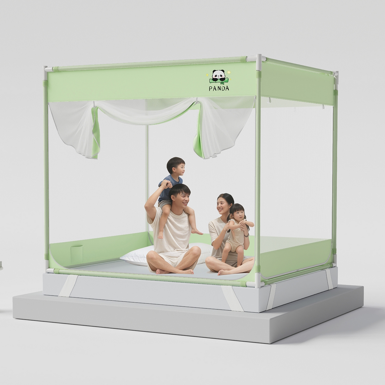 91家纺网 家纺一手货源 找家纺 初心家纺 2026新款坐床外穿杆全底防摔蚊帐 绿-猫熊