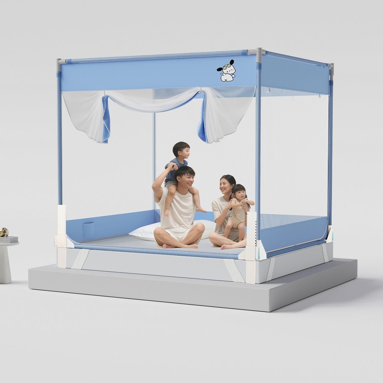 初心家纺 2026新款坐床外穿杆全底防摔蚊帐 蓝-爱心小狗