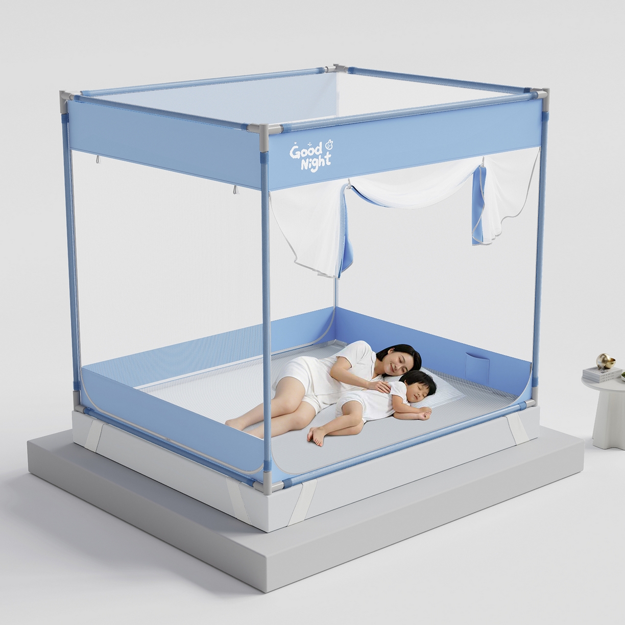 91家纺网 家纺一手货源 找家纺 初心家纺 2026新款坐床外穿杆全底防摔蚊帐 蓝-字母