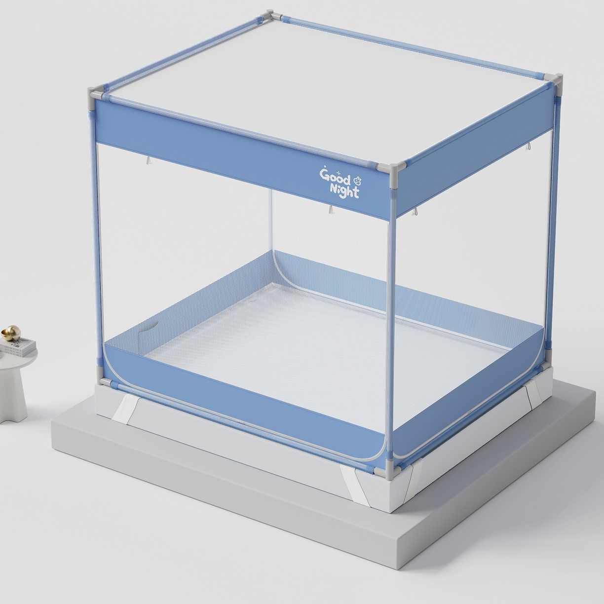 91家纺网 家纺一手货源 找家纺 初心家纺 2026新款坐床外穿杆全底防摔蚊帐 蓝-字母