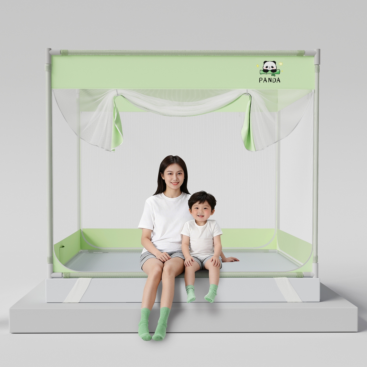 91家纺网 家纺一手货源 找家纺 初心家纺 2026新款坐床外穿杆全底防摔蚊帐 绿-猫熊