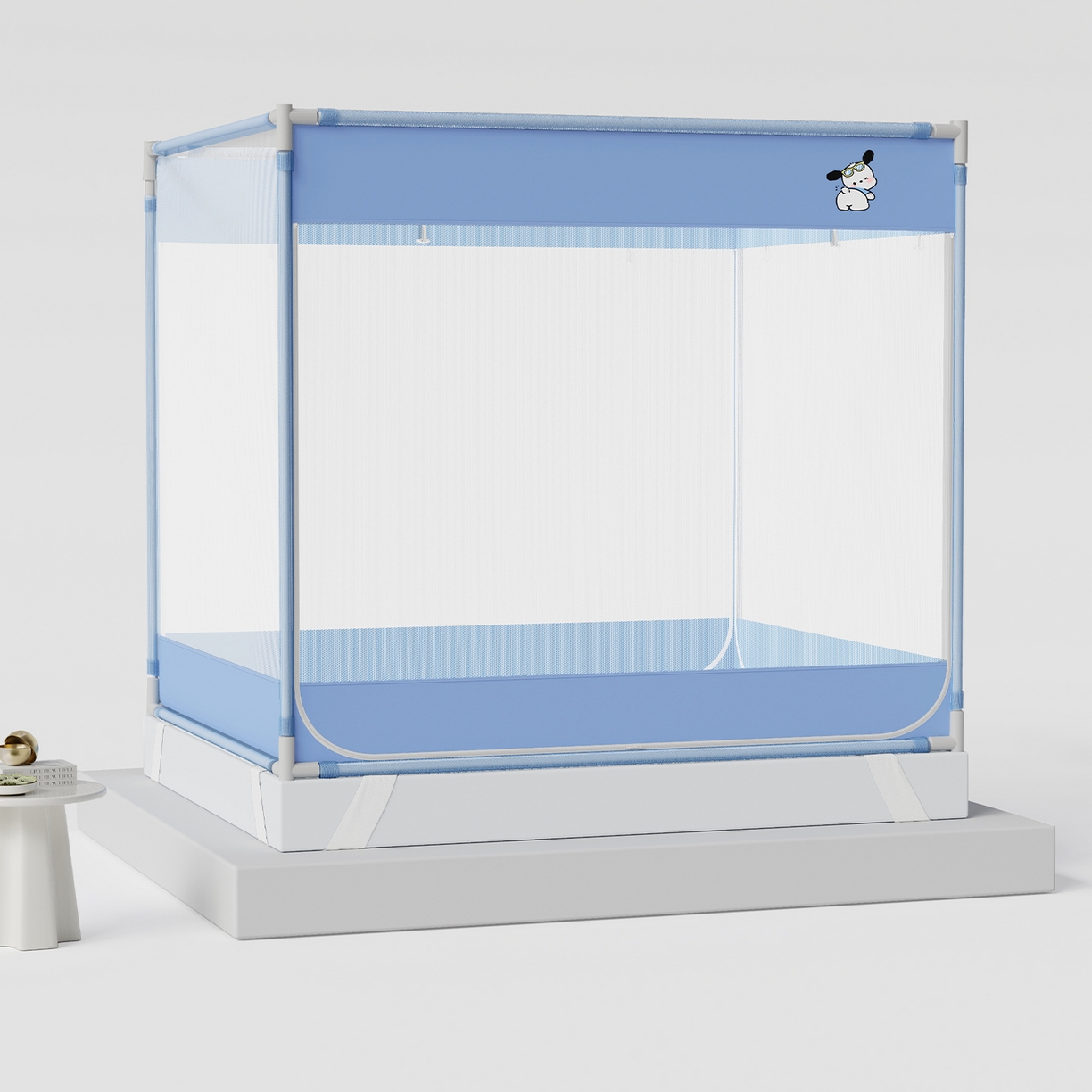 91家纺网 家纺一手货源 找家纺 初心家纺 2026新款坐床外穿杆全底防摔蚊帐 蓝-爱心小狗