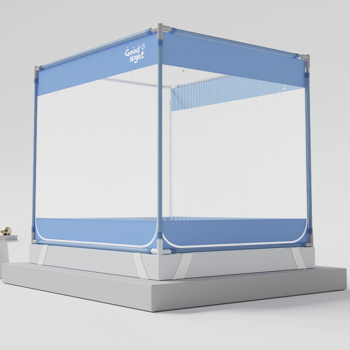 91家纺网 家纺一手货源 找家纺 初心家纺 2026新款坐床外穿杆全底防摔蚊帐 蓝-字母