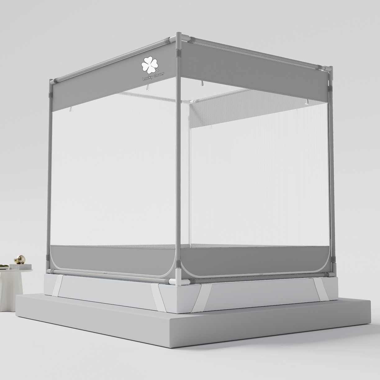 91家纺网 家纺一手货源 找家纺 初心家纺 2026新款坐床外穿杆全底防摔蚊帐 灰-幸运草