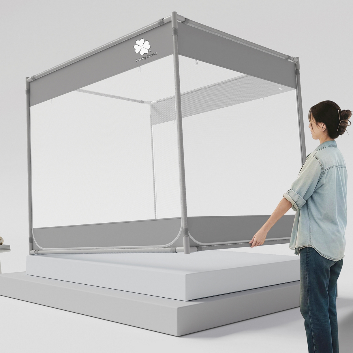 91家纺网 家纺一手货源 找家纺 初心家纺 2026新款坐床外穿杆全底防摔蚊帐 灰-幸运草