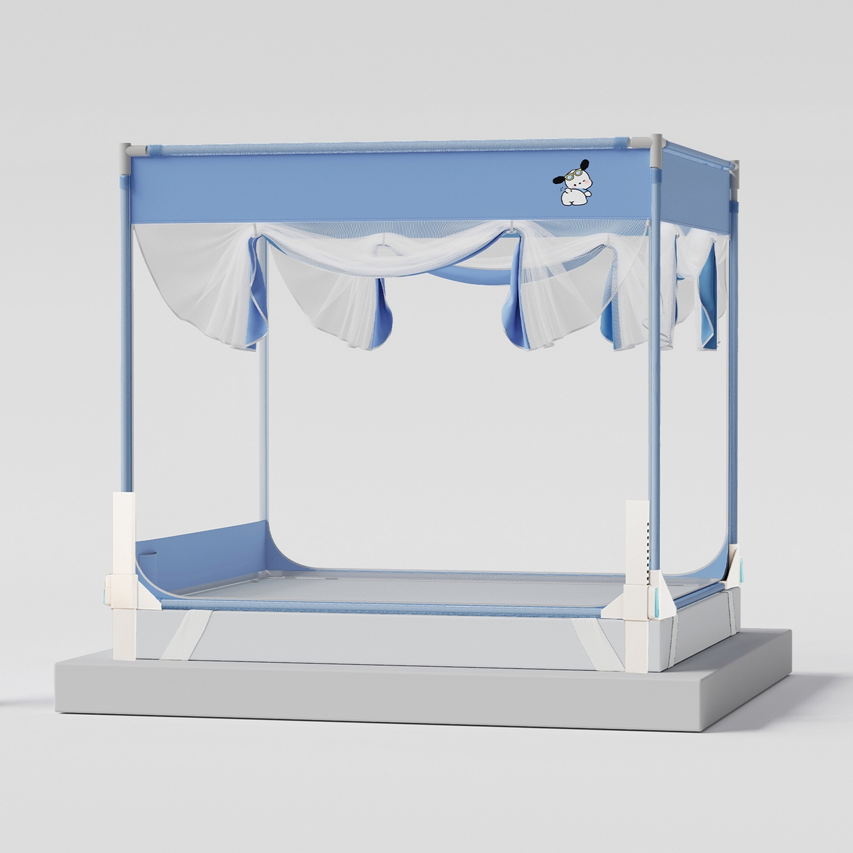 91家纺网 家纺一手货源 找家纺 初心家纺 2026新款坐床外穿杆全底防摔蚊帐 蓝-爱心小狗