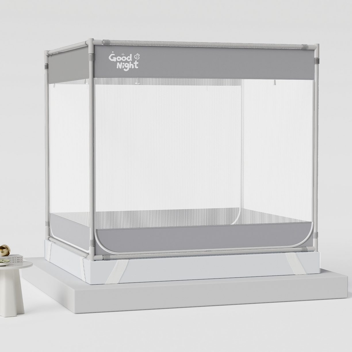 91家纺网 家纺一手货源 找家纺 初心家纺 2026新款坐床外穿杆全底防摔蚊帐 灰-字母