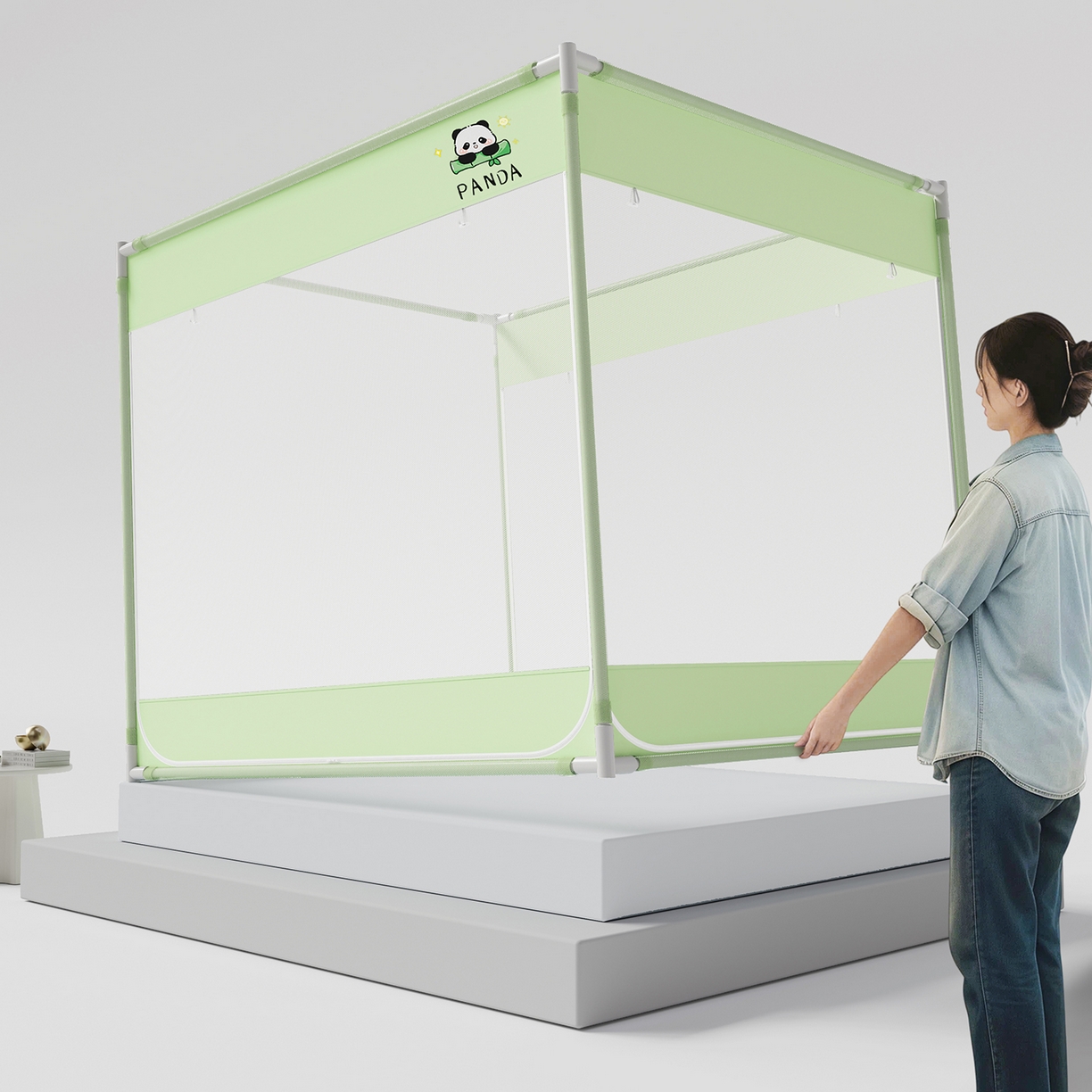 91家纺网 家纺一手货源 找家纺 初心家纺 2026新款坐床外穿杆全底防摔蚊帐 绿-猫熊