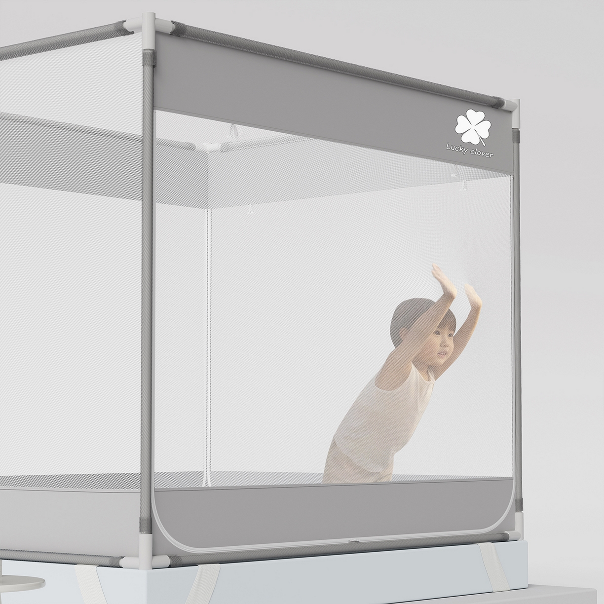 91家纺网 家纺一手货源 找家纺 初心家纺 2026新款坐床外穿杆全底防摔蚊帐 灰-幸运草