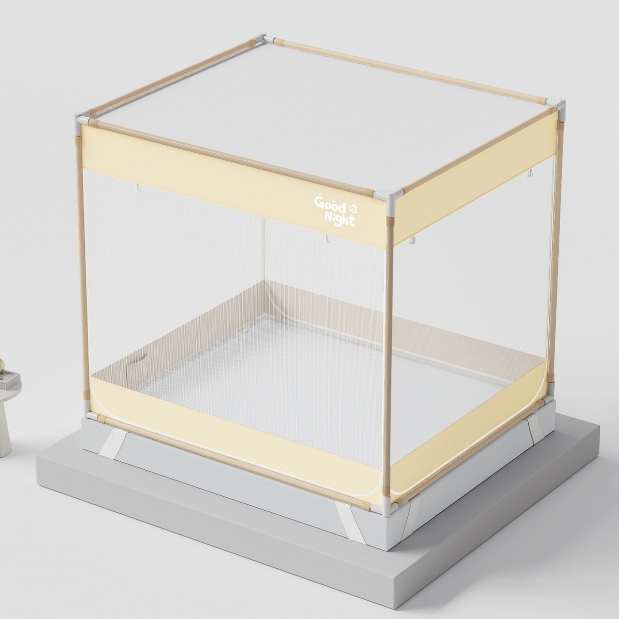 91家纺网 家纺一手货源 找家纺 初心家纺 2026新款坐床外穿杆全底防摔蚊帐 米-字母