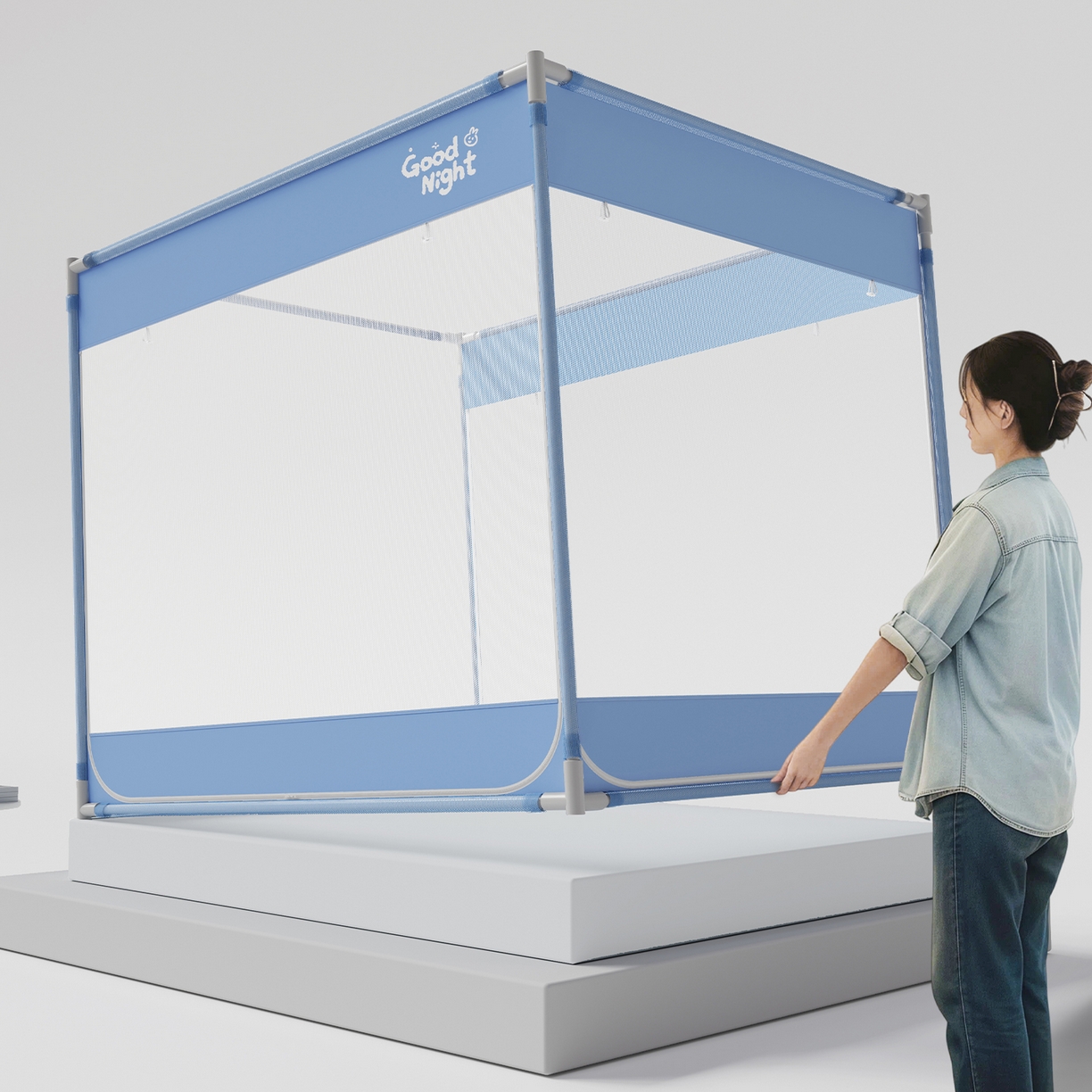 91家纺网 家纺一手货源 找家纺 初心家纺 2026新款坐床外穿杆全底防摔蚊帐 蓝-字母