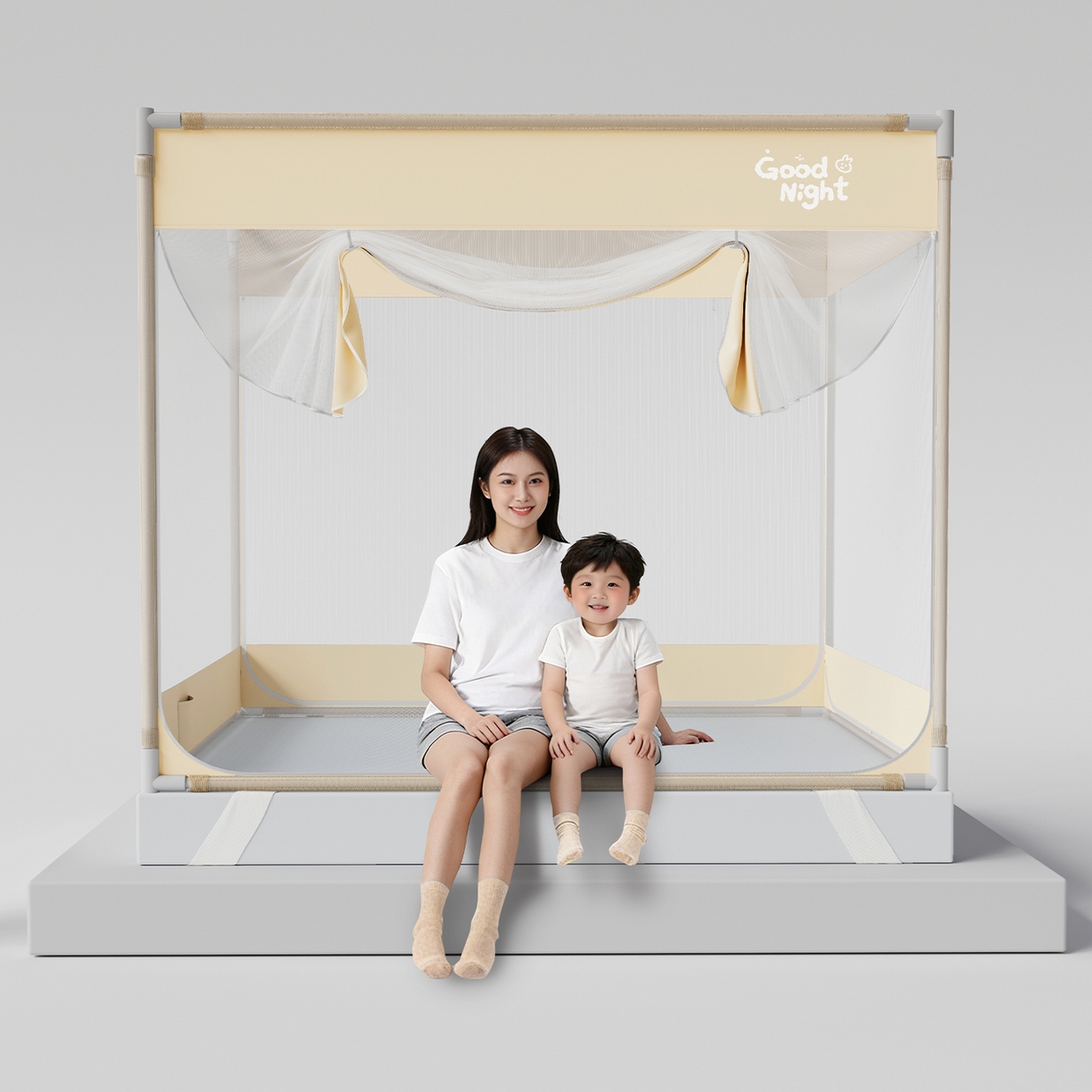 91家纺网 家纺一手货源 找家纺 初心家纺 2026新款坐床外穿杆全底防摔蚊帐 米-字母