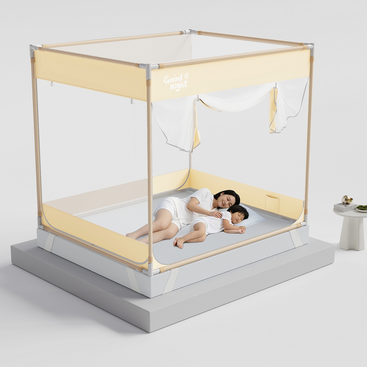 91家纺网 家纺一手货源 找家纺 初心家纺 2026新款坐床外穿杆全底防摔蚊帐 米-字母