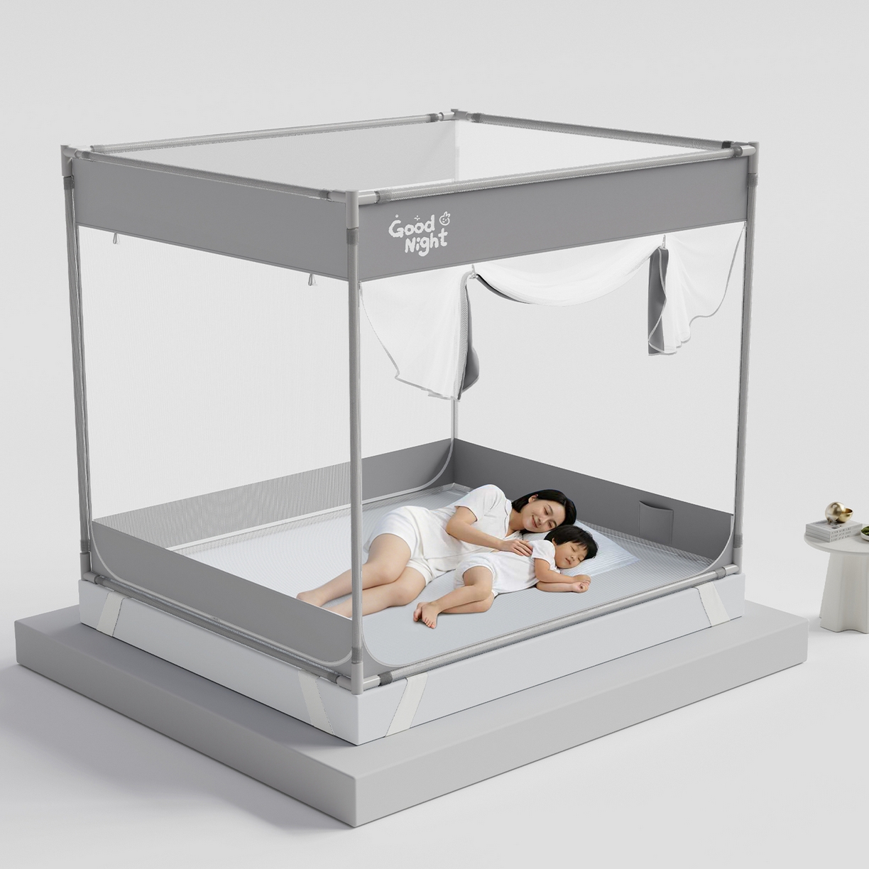 91家纺网 家纺一手货源 找家纺 初心家纺 2026新款坐床外穿杆全底防摔蚊帐 灰-字母