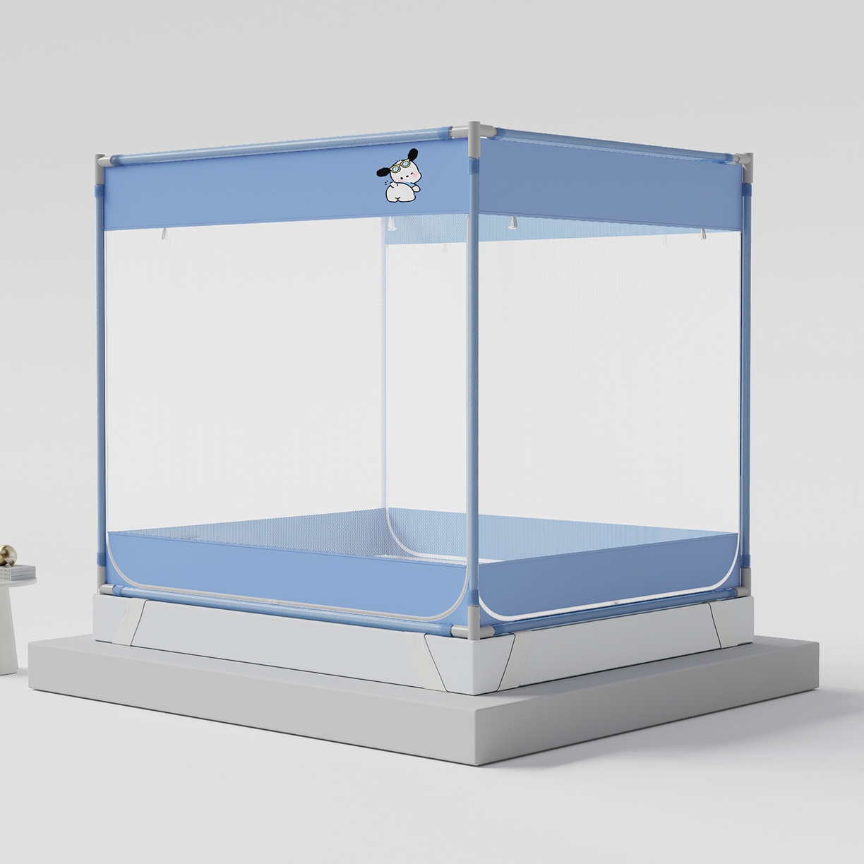 91家纺网 家纺一手货源 找家纺 初心家纺 2026新款坐床外穿杆全底防摔蚊帐 蓝-爱心小狗