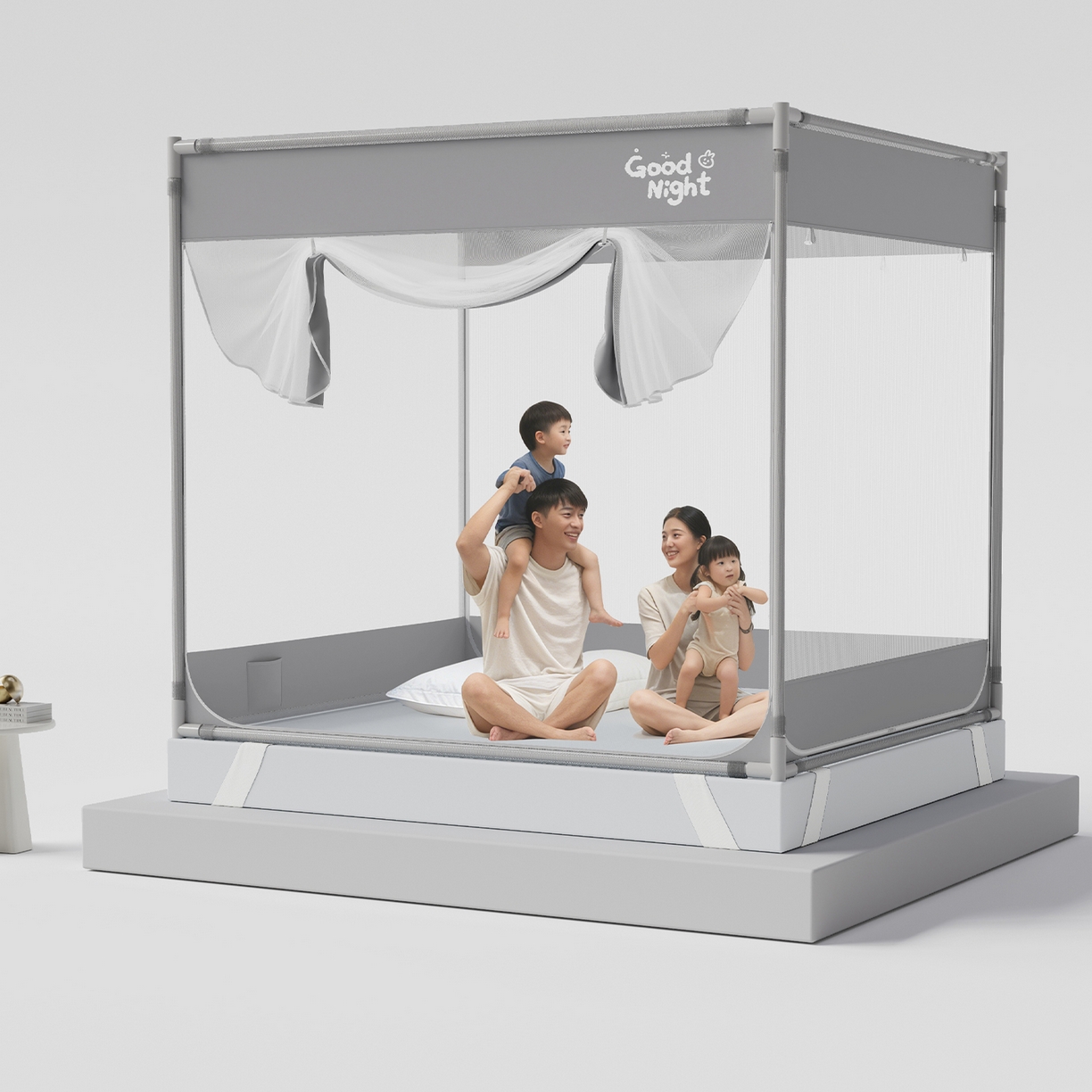 91家纺网 家纺一手货源 找家纺 初心家纺 2026新款坐床外穿杆全底防摔蚊帐 灰-字母